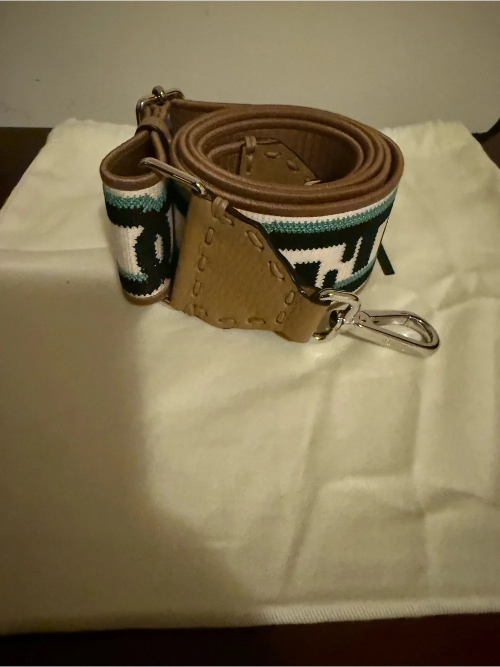 ****Price Firm*** Fendi Black, White & Tan Logo Webbing Strap with Turquoise Acc